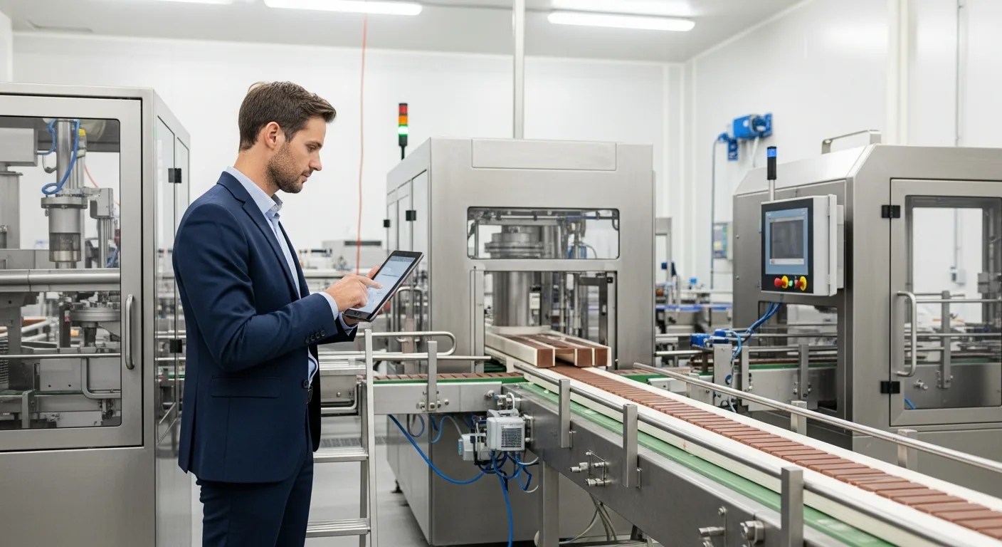 Professional monitoring real-time data with erp for food and beverage industry on a tablet in a production facility.