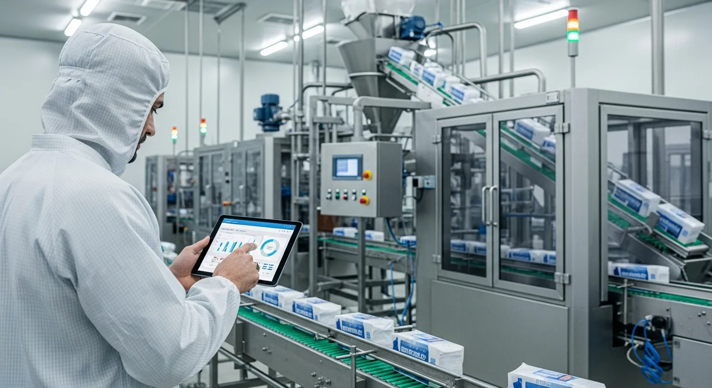 Professional using specialized erp for food industry software on a tablet in a modern food processing facility.