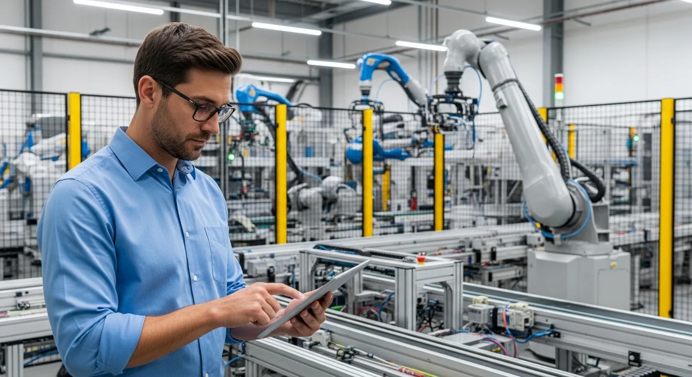 A modern erp for manufacturing industry dashboard displayed on a tablet within a high-tech smart factory setting.