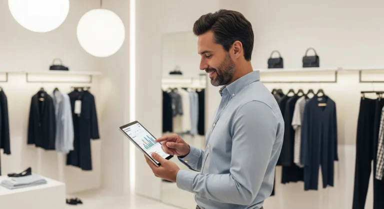 A retail manager utilizing an erp for retail dashboard to manage inventory and scale a modern storefront.
