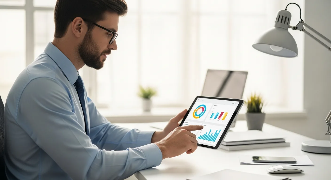 A businessman analyzing financial growth charts using an erp for small business on a modern tablet.