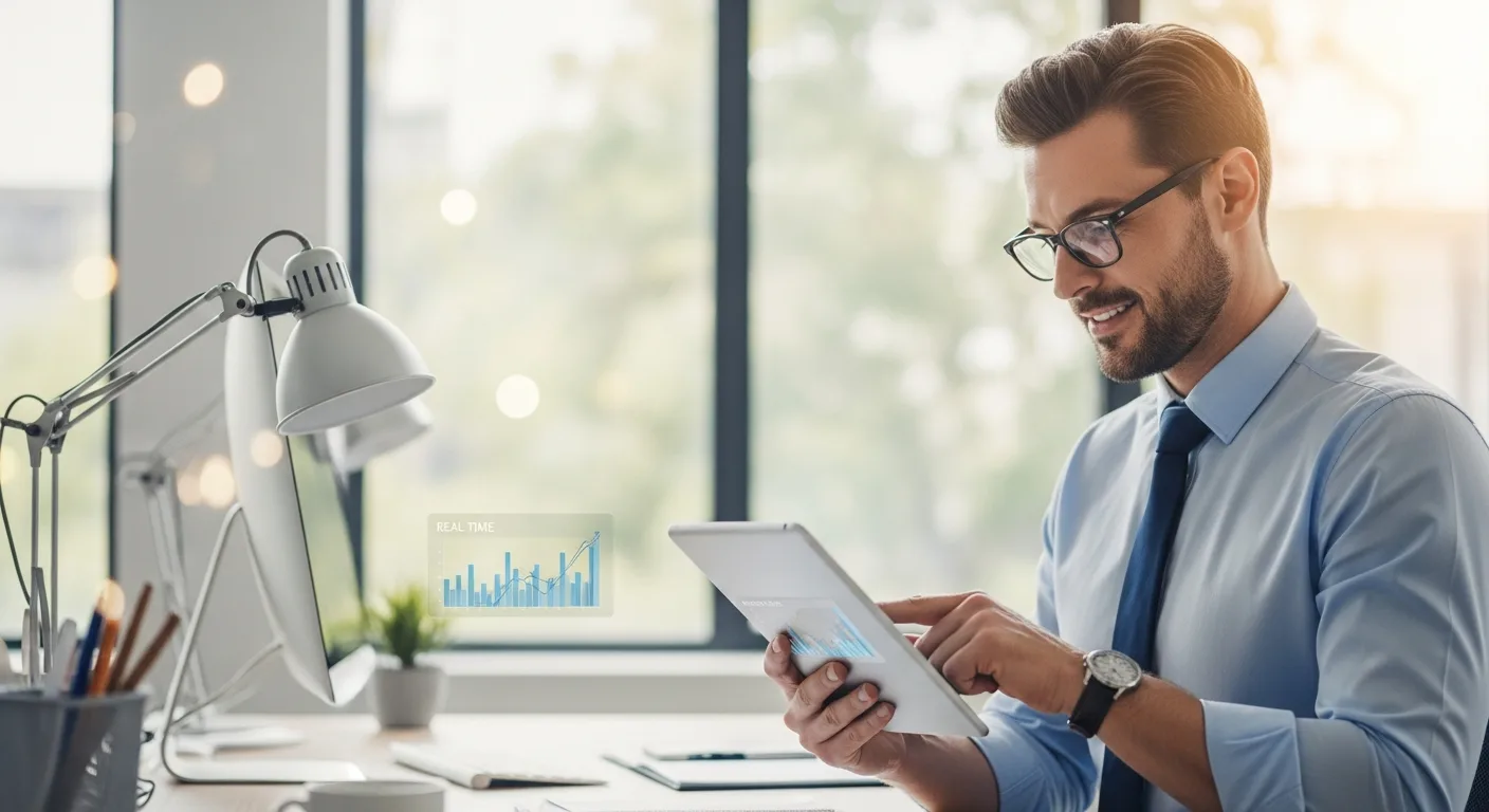 Modern entrepreneur reviewing data via erp for small businesses on a tablet in a bright office.