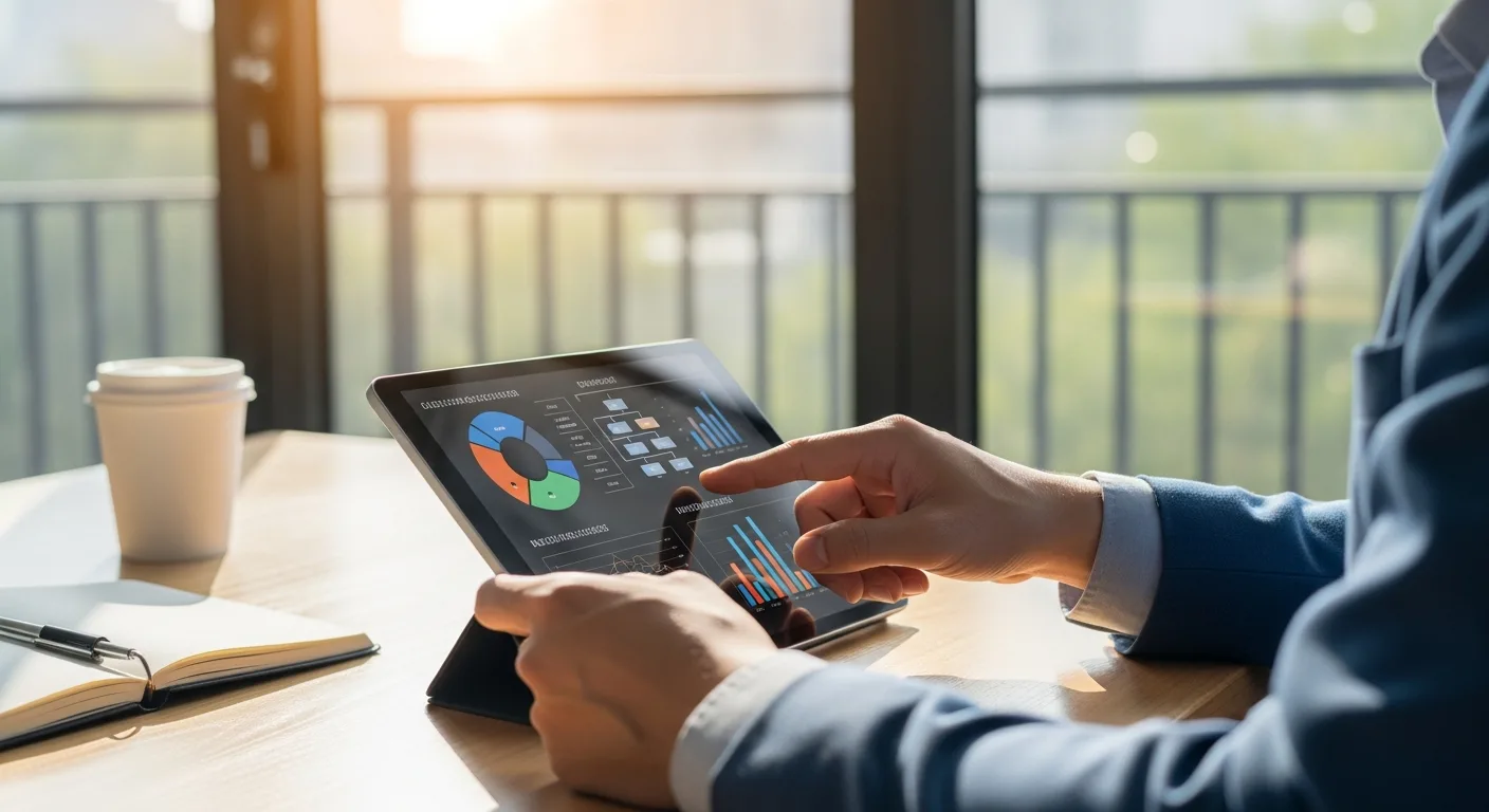 A business owner using erp for small companies on a tablet to monitor growth and real-time data analytics.