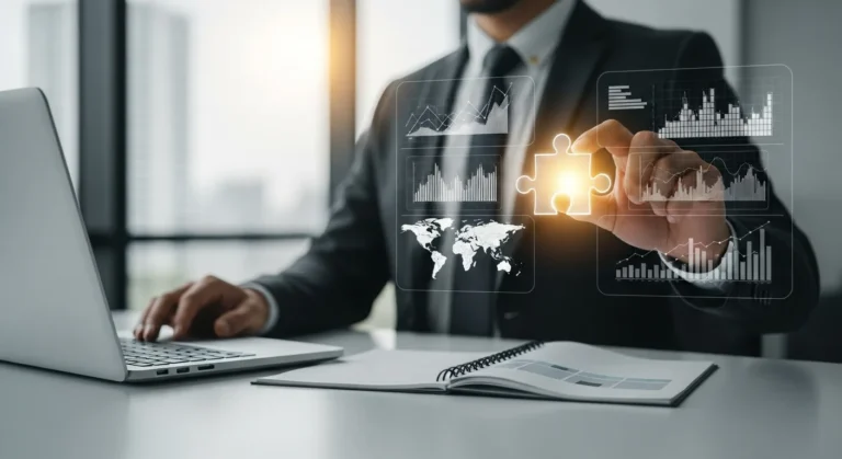 A professional man placing a glowing puzzle piece into a digital dashboard illustrating erp for sme growth.