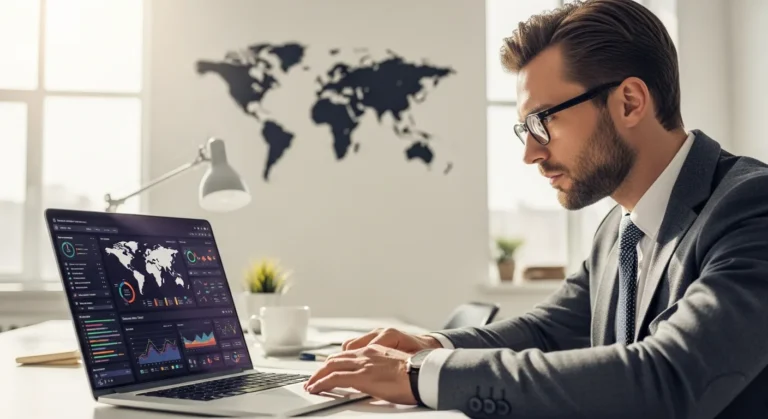 A professional man using the erp.globallogic platform to manage and streamline global business operations on a laptop.