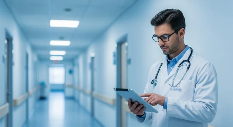 A male doctor using erp healthcare software on a digital tablet to manage patient data in a modern hospital setting.