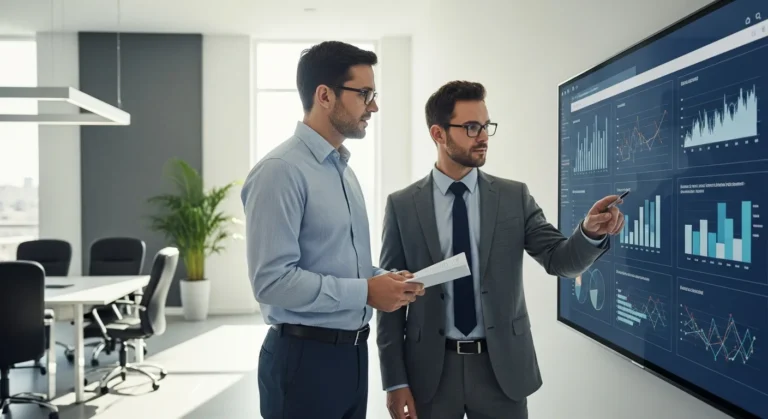 A professional erp implementation consultant discussing digital strategy with a business executive in a modern office.
