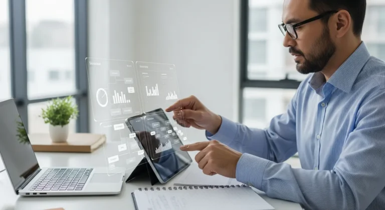 A professional man reviewing erp implementation steps on a digital tablet in a modern office.