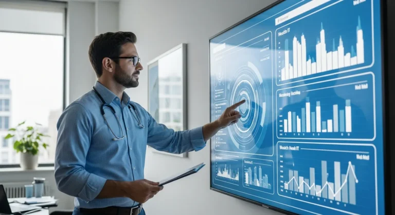 Professional from ERP International LLC analyzing federal health IT data on a modern digital interface.