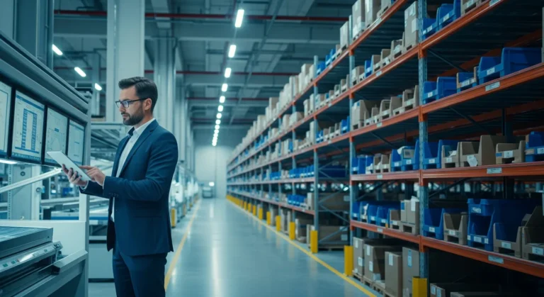 A professional managing a high-tech erp inventory system within a streamlined 2026 distribution center.