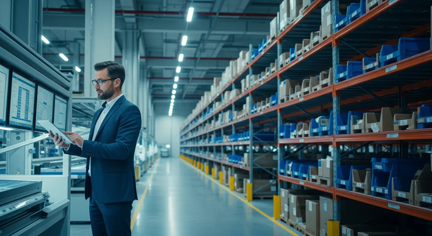 A professional managing a high-tech erp inventory system within a streamlined 2026 distribution center.