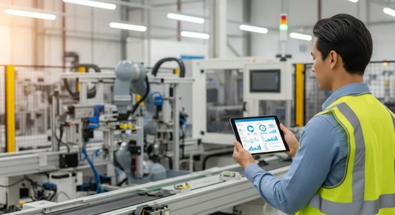 Male plant manager using erp manufacturing software on a tablet to organize a busy modern factory floor.