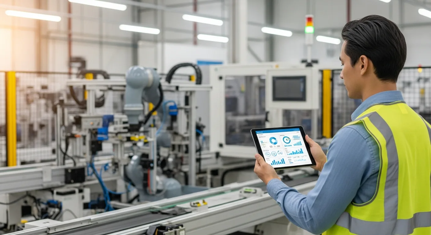 Male plant manager using erp manufacturing software on a tablet to organize a busy modern factory floor.