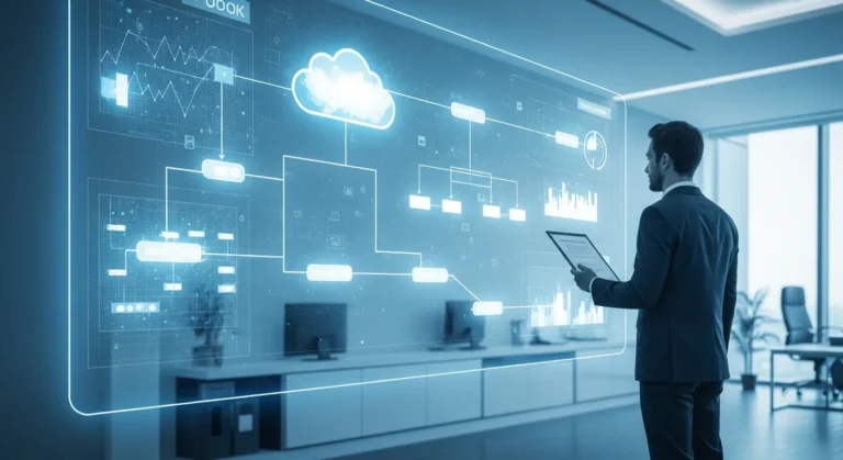 A professional planning a complex erp migration strategy for 2026 using a digital dashboard in a modern office.