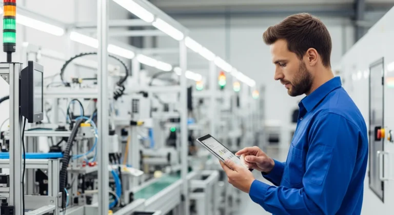 A manufacturing manager comparing erp mrp software data on a tablet inside a modern production facility.