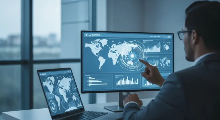 A professional analyzing erp procurement data on a digital dashboard to optimize modern supply chain logistics.