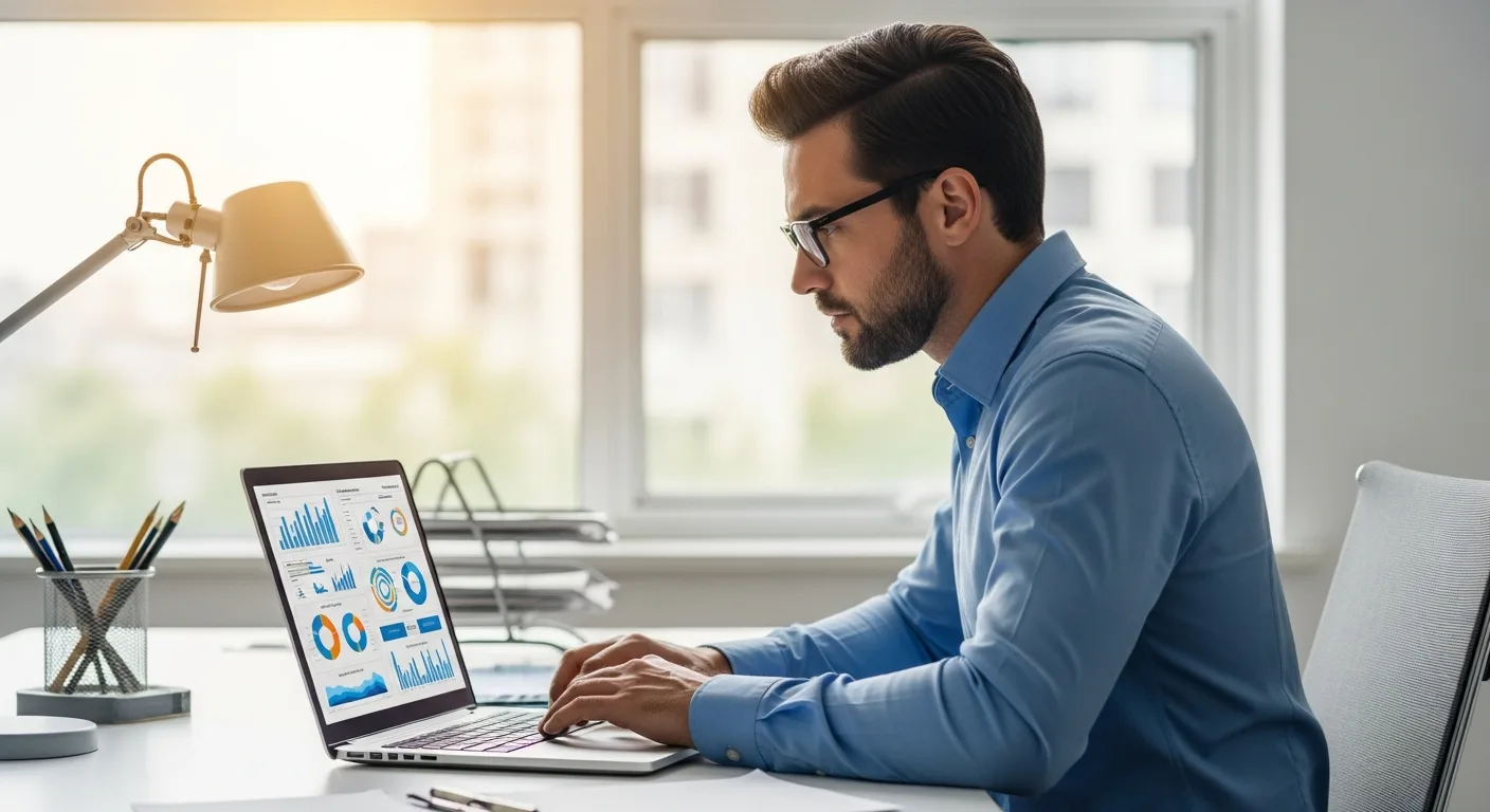 A professional man reviewing a digital dashboard for cost-effective erp project management in a modern office.