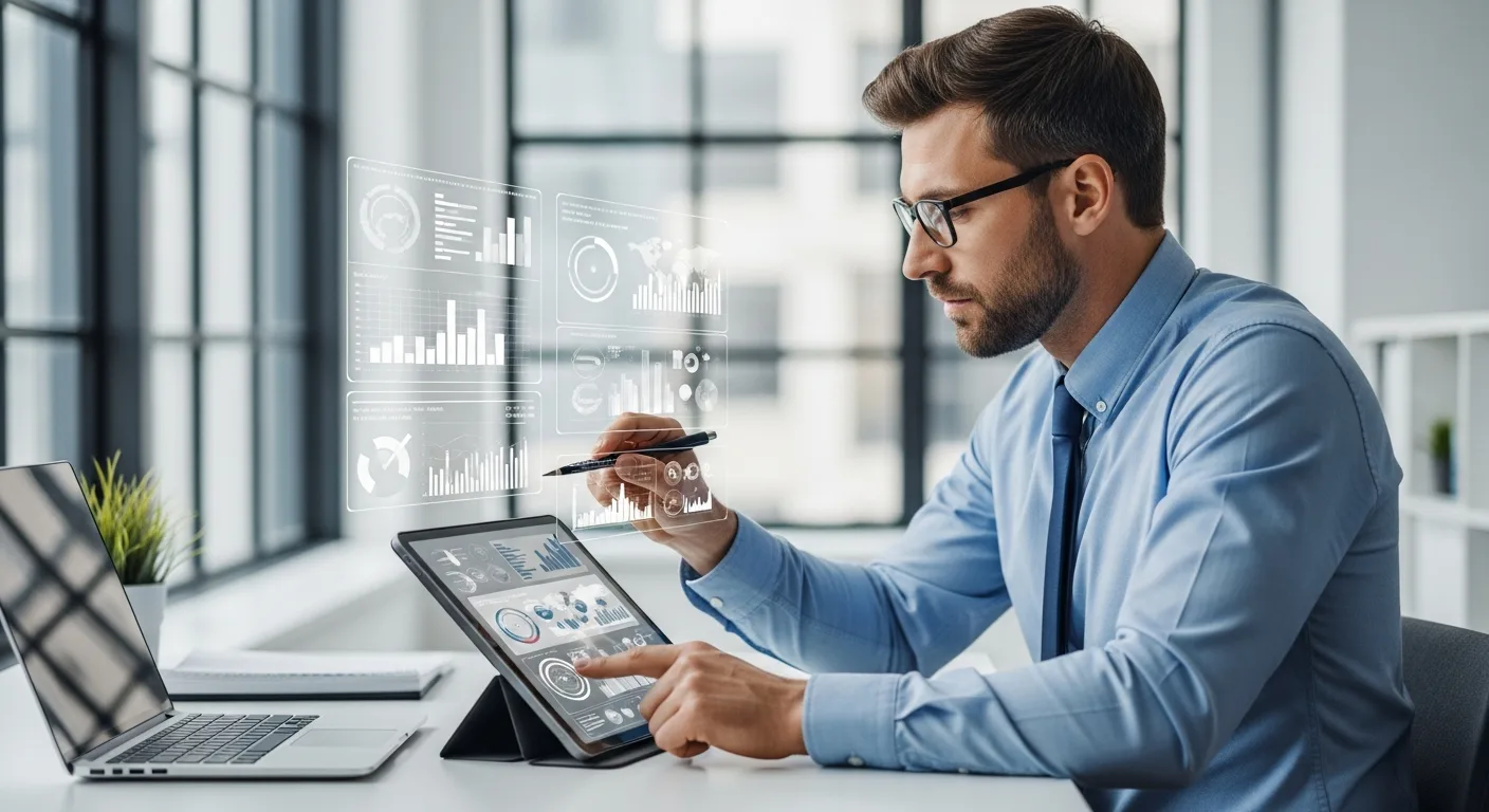 A businessman reviewing data analytics on a tablet to determine if his company is erp ready for integration.