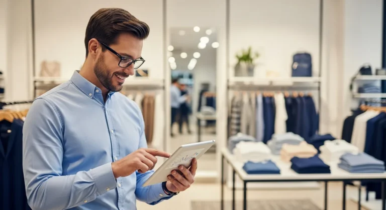 A retail manager using an erp retail system on a tablet to manage inventory in a modern storefront.
