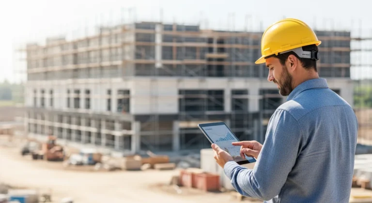 Construction professional using erp software for builders to analyze profit margins on a modern job site.