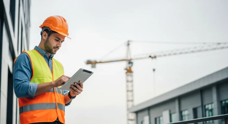 A site manager using erp software for construction on a tablet to track project profitability at a job site.
