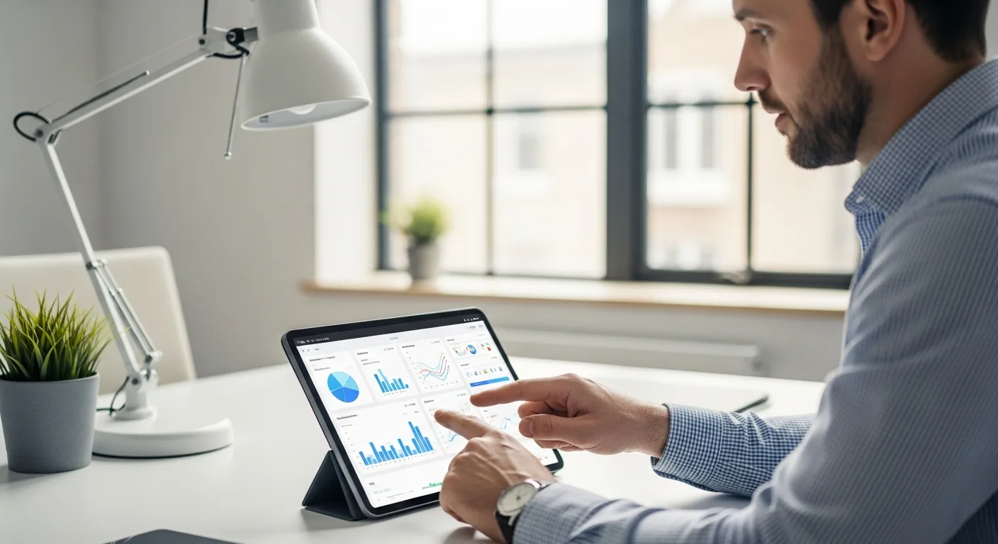 A professional analyzing data on erp software for small business to evaluate investment returns in a modern office.