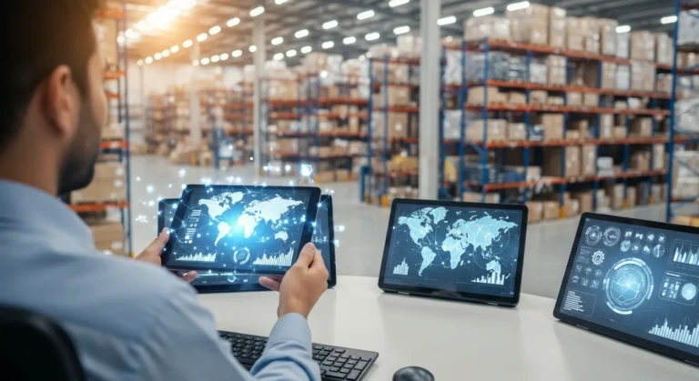 A professional man reviewing data on erp software for supply chain management within a modern logistics facility.