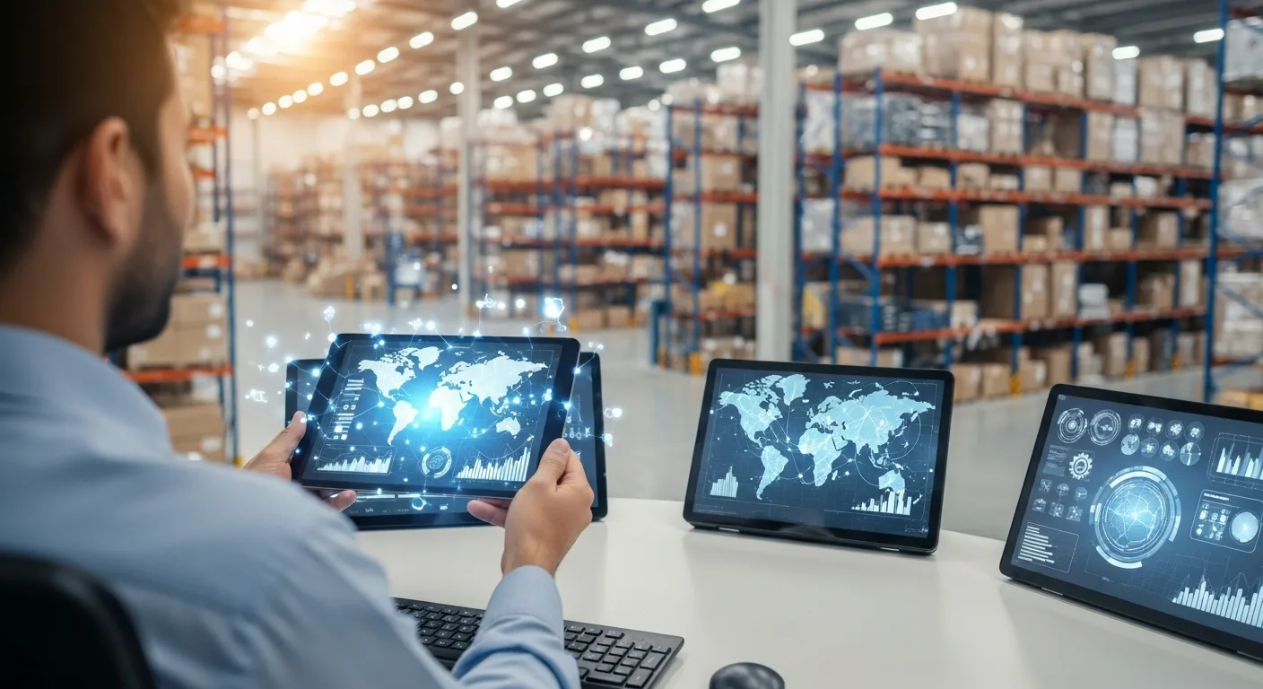 A professional man reviewing data on erp software for supply chain management within a modern logistics facility.