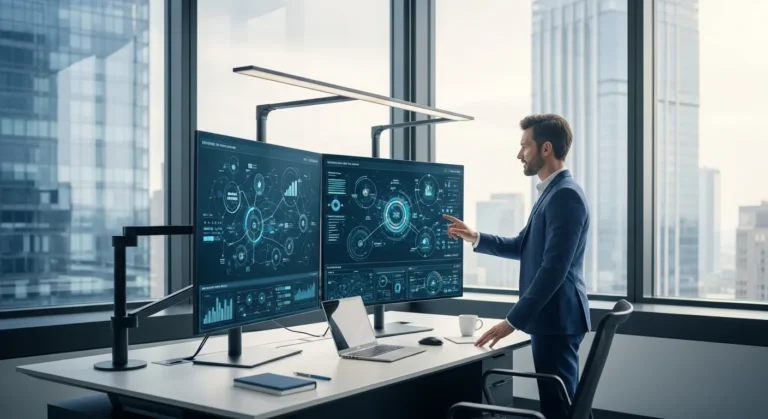 A businessman analyzing data dashboards through erp software integration to optimize 2026 business growth.