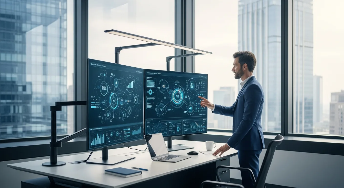 A businessman analyzing data dashboards through erp software integration to optimize 2026 business growth.