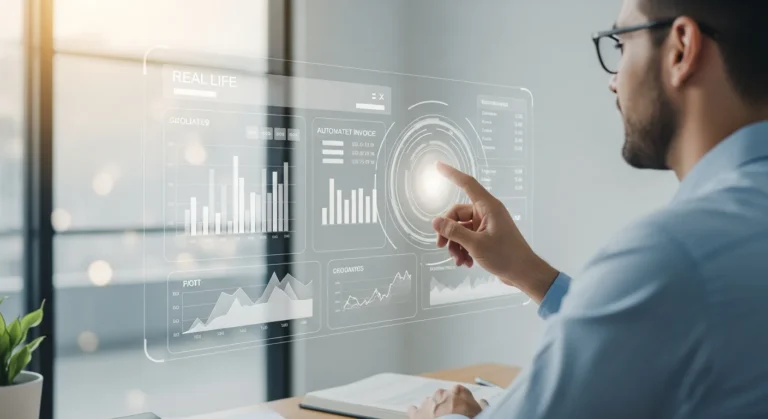 A businessman managing financial data through an erp system accounts payable dashboard in a high-tech office.
