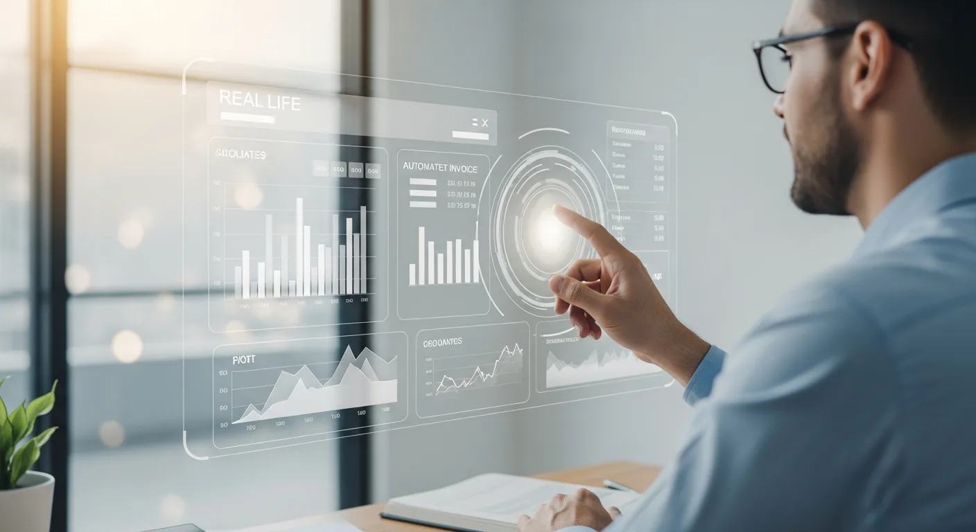 A businessman managing financial data through an erp system accounts payable dashboard in a high-tech office.