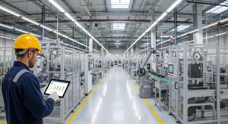 A factory supervisor using a modern erp system for manufacturing on a tablet at a high-tech workstation.