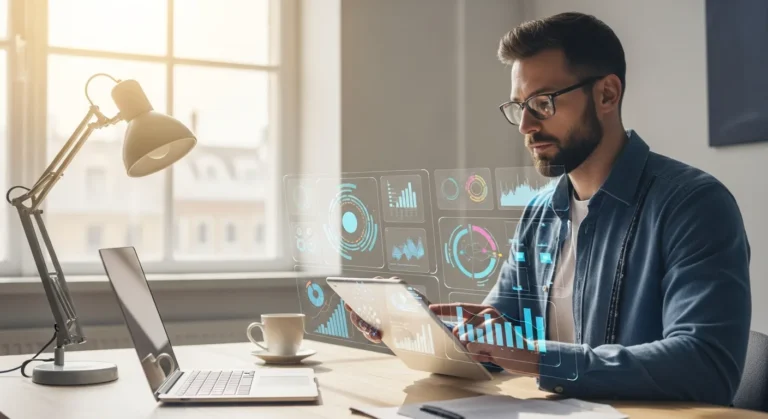 A business owner reviews growth analytics on a tablet to evaluate an erp system for small business investment.