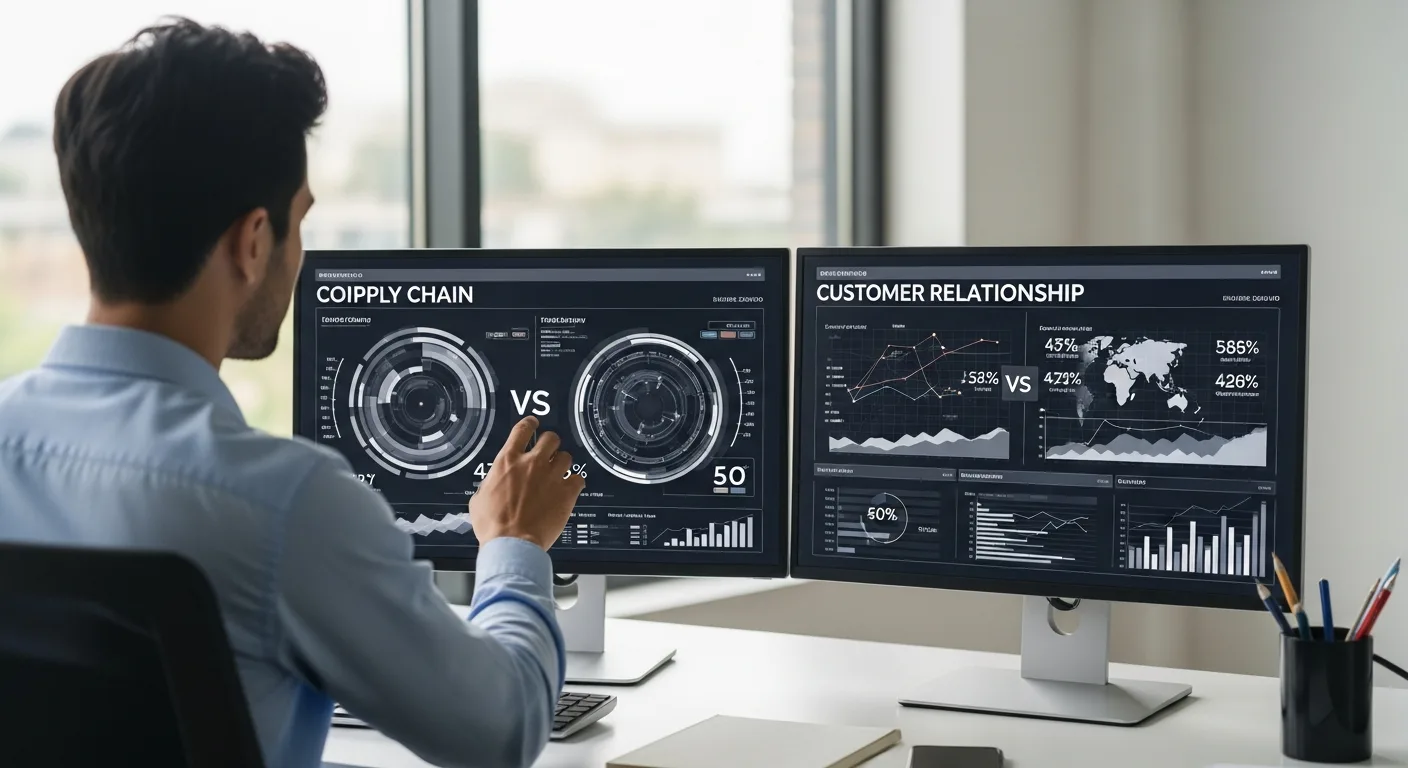 A professional comparing an erp system vs crm on a high-tech dashboard to drive business growth.