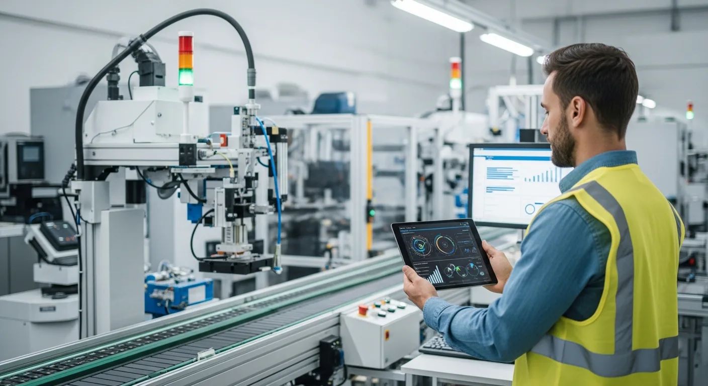 A professional comparing the best erp systems for manufacturing on a tablet in a modern smart factory.