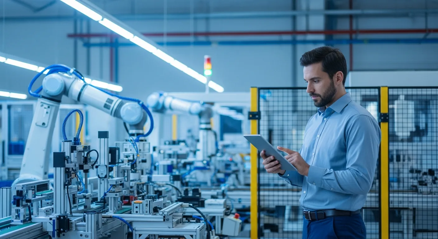 A male plant manager using erp systems manufacturing on a digital tablet to monitor shop floor production efficiency.