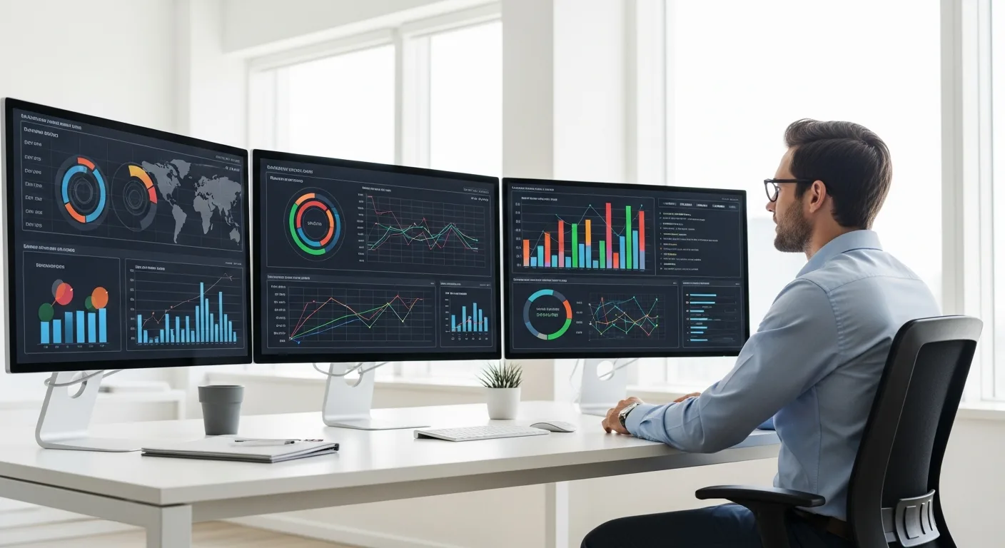 A businessman analyzing growth metrics using erp systems odoo on a dual-monitor setup in a modern office.