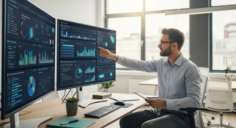 A professional man reviewing software options to select the right erp vendor for business growth.