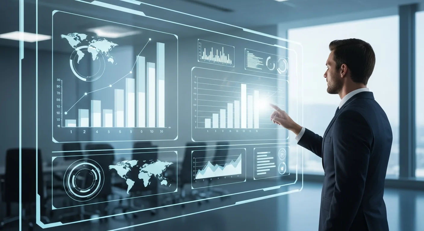A professional businessman analyzing market share data for top erp vendors on a high-tech digital dashboard.