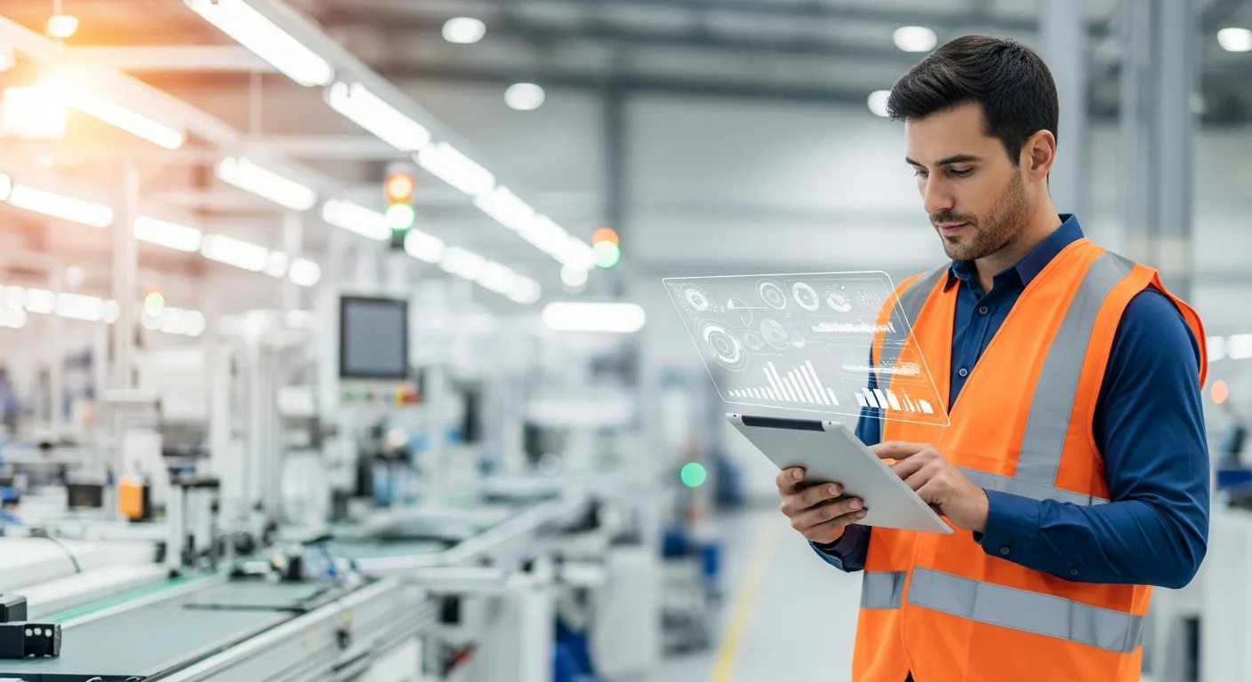 A comparison of erp vs mrp software data on a digital tablet in a modern manufacturing plant environment.