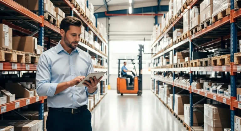 Streamlining supply chain logistics using a seamless erp wms integration on a digital tablet in a warehouse.