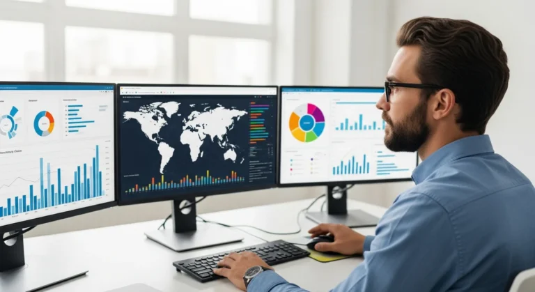 A professional man analyzing data dashboards during an erping session to optimize modern business operations.