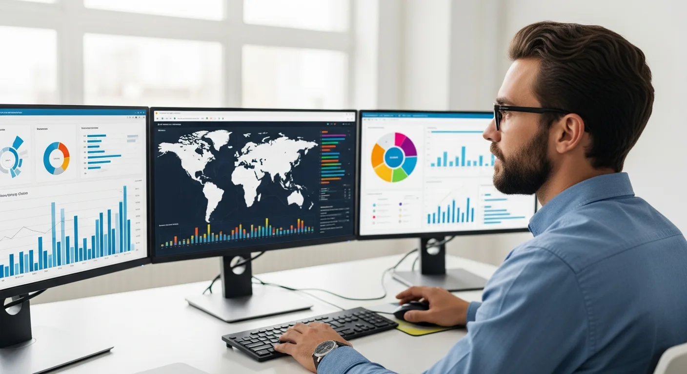 A professional man analyzing data dashboards during an erping session to optimize modern business operations.