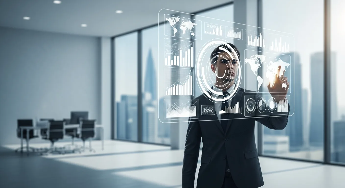 A professional analyzing corporate finance strategy using a modern fin erp system interface on a large glass screen.