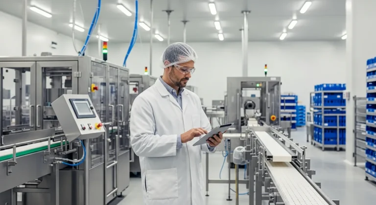 A professional using a food ERP system on a tablet to monitor quality control in a modern food production facility.