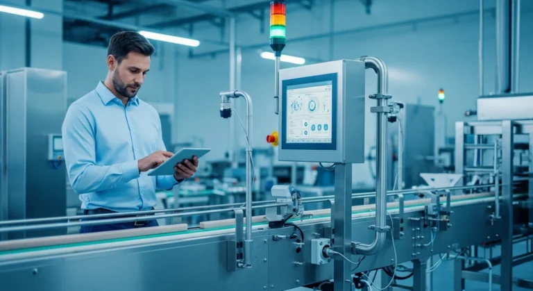 A professional using food erp software to monitor a high-tech automated food processing line in 2026.