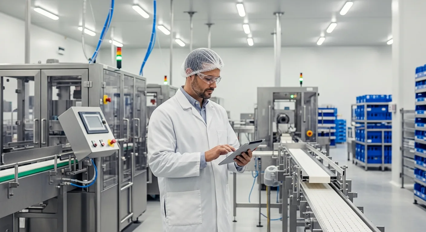 A professional using a food ERP system on a tablet to monitor quality control in a modern food production facility.