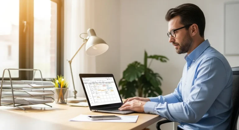 A professional man using frontline erp to manage school administration and workforce tasks on a laptop.