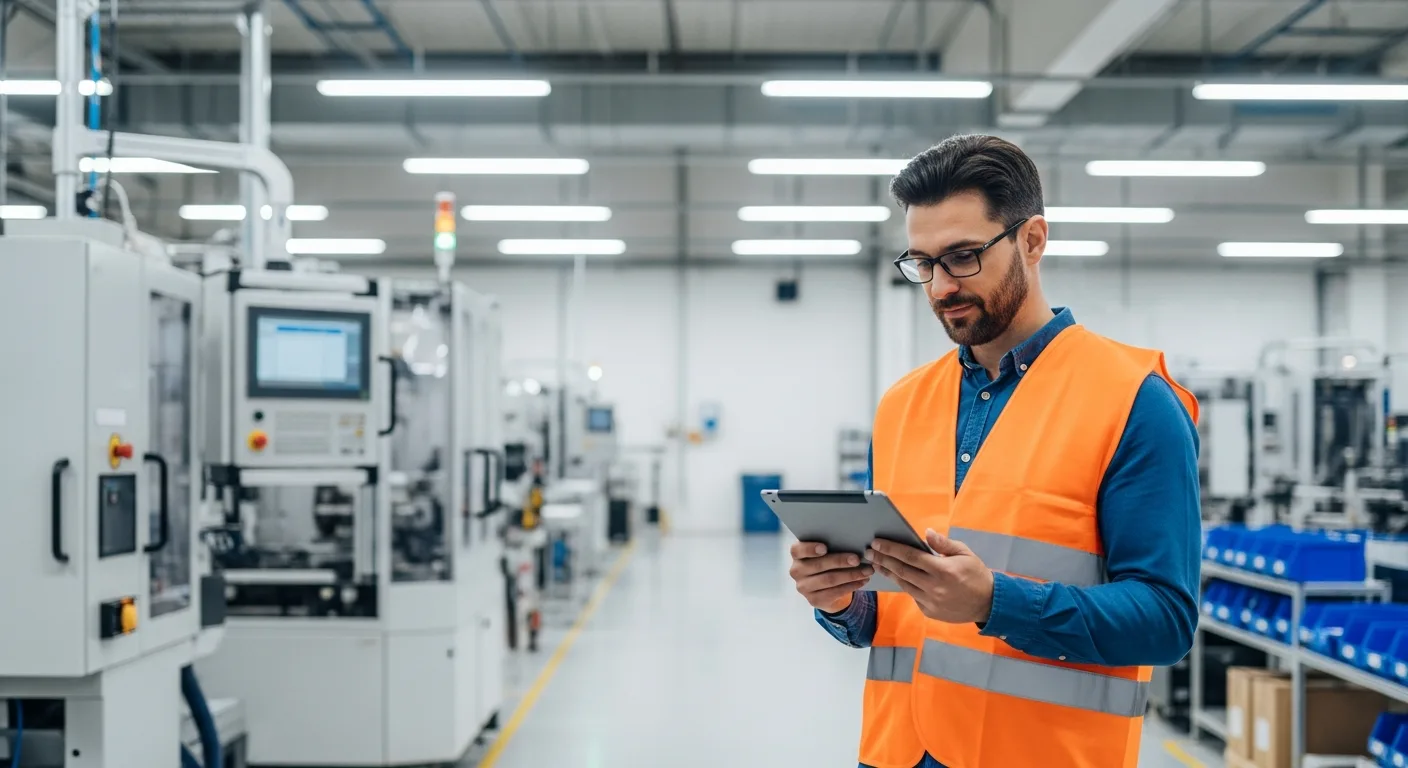 A manufacturing manager using Genius ERP on a tablet to oversee custom production in a high-tech factory.